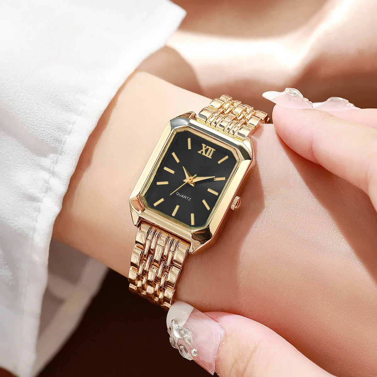6pcs Elegant Rectangle Women Watches Heart Pendant Jewelry Set Ladies Quartz Wristwatch Reloj Mujer（Without Box）