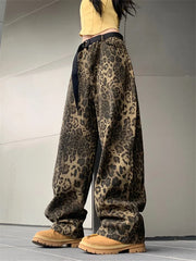 Women Fashion High Street Wide Leg Punk Leopard Jeans Streetwear Vintage Denim Pants