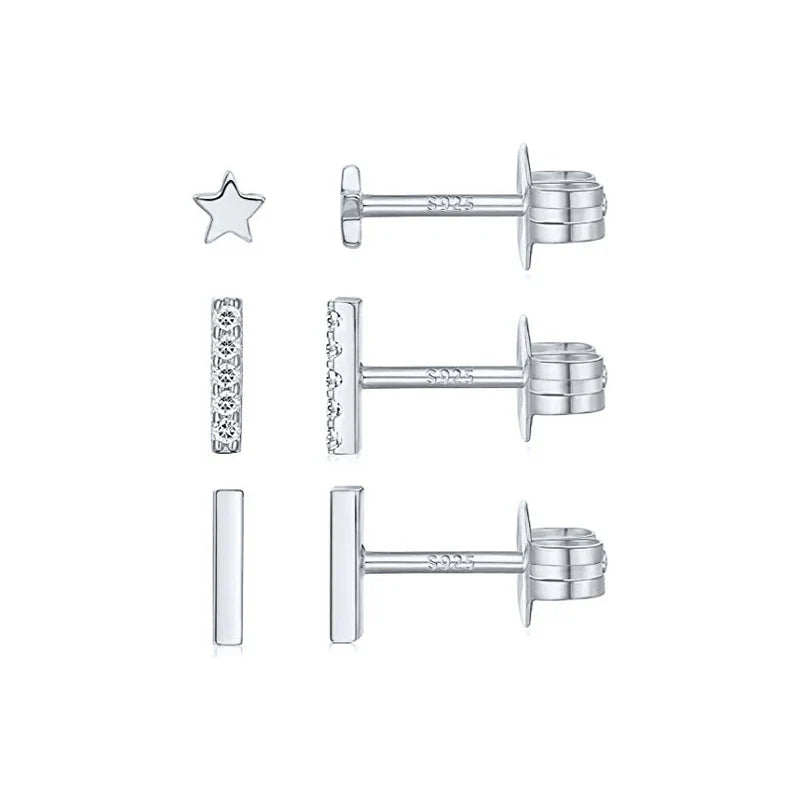 CANNER 3pcs/set Bling Zircon Earring 925 Sterling Silver Cute Mini Heart Star Stud Earrings Ear Bone Earlobe Piercing Jewerly