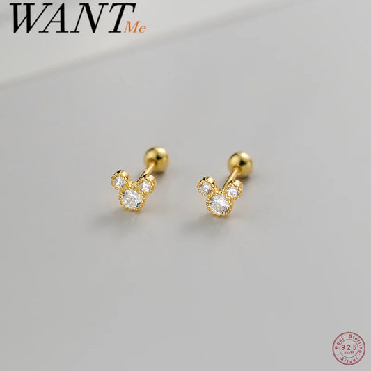 WANTME 925 Sterling Silver Fashion Cute Cartoon Mouse Screw Bead Stud Earrings for Women Simple Chic Girl Party Jewelry Gifts