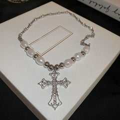 Pearl Cross Pendant Necklace Hip Hop Retro Men Women Religious Jewelry