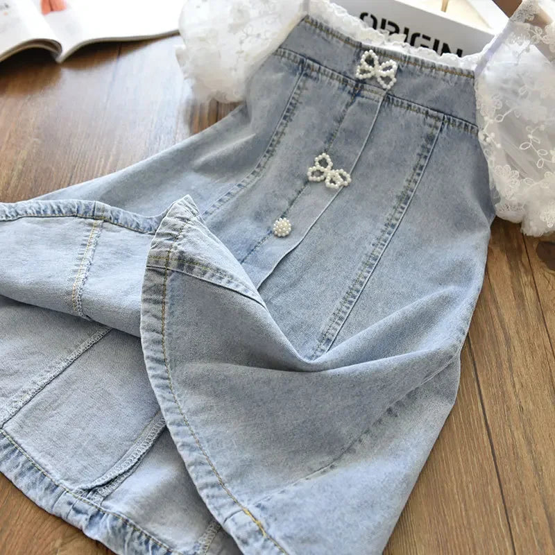 Children Girls Beads Lace Sleeve Denim  Dress Toddler  Fashion
