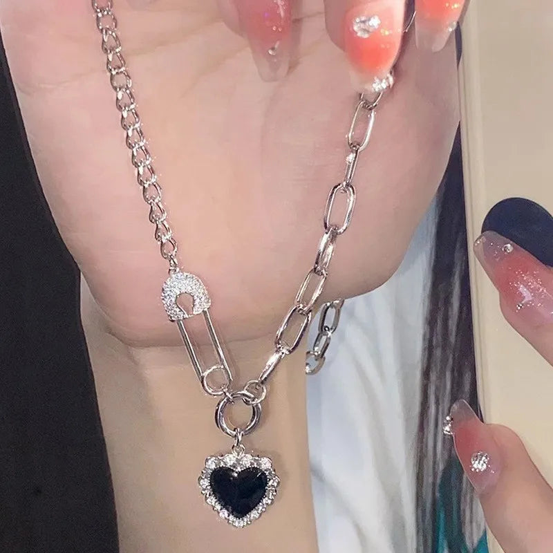 Y2K Retro Kpop Silver Color Pendant Necklaces For Women Gothic Zircon Heart Cross