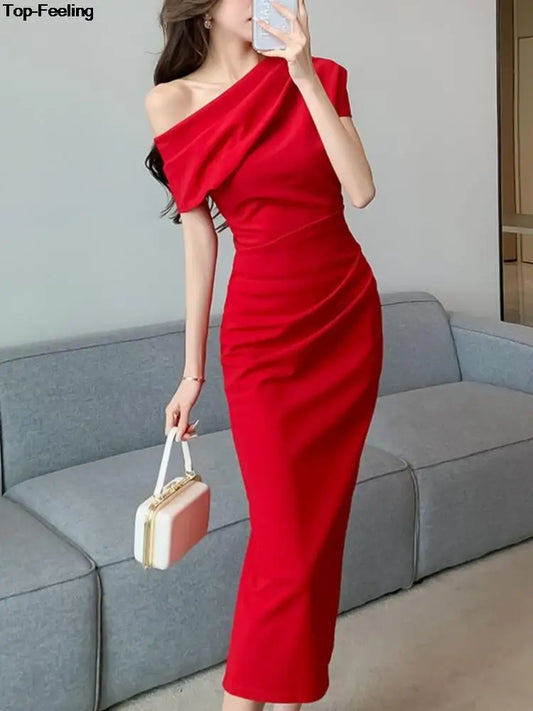 Elegant Off Shoulder Evening Party Dresses Women Summer Fashion Slim One Piece Solid Vestidos Korean Graduation Robe Clothing