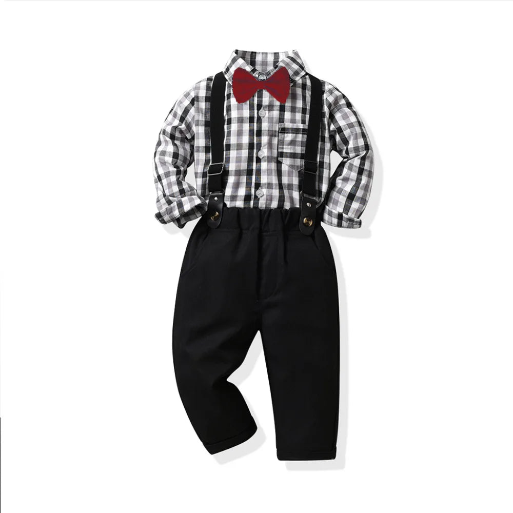 Children's Plaid Shirt and strap pants set for Boys with Bow Tie baby boy clothes 0 to 3Y Autumn Boys Clothes 70-130cm