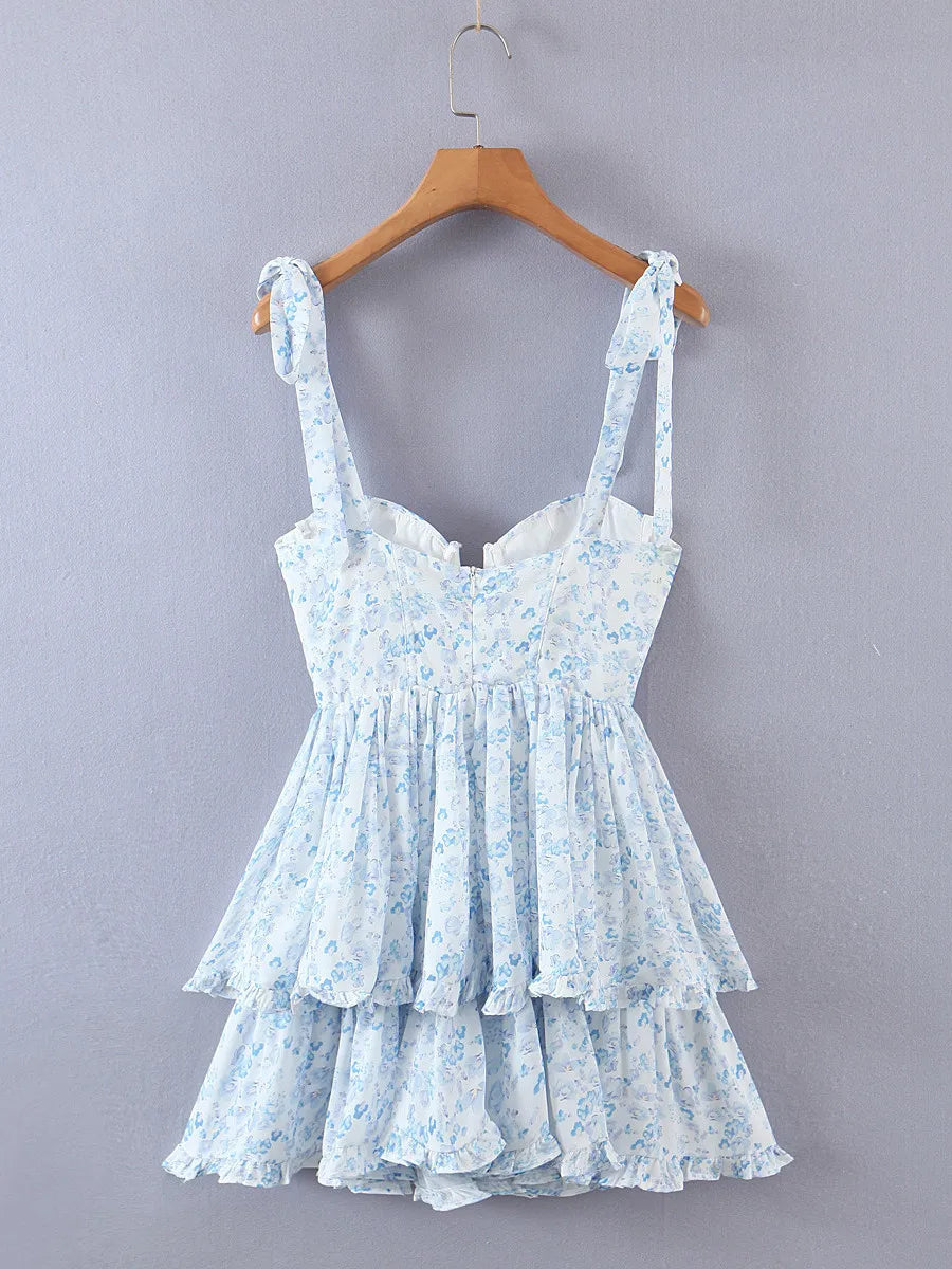 Women Retro Slit V neck Corset Tie Bow Strap Sling Dress Floral Print Chiffon Wood