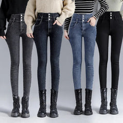 Winter Thick Velvet Women High Waist Skinny Jeans Simple Fleece Warm Slim Fit  Pants