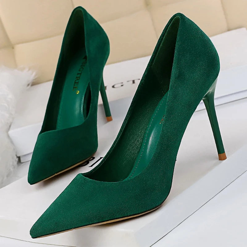 Women 9cm High Heels Pumps Stripper Flock Suede Plus Size Escarpins Lady Wedding Bridal Heels Escarpins Green Blue Yellow Shoes