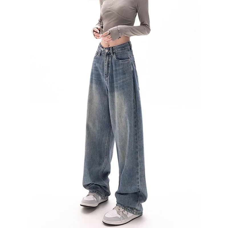 Retro Wide Leg High Waist Straight Streetwear Style Blue Jeans Pants
