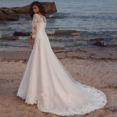 Long Wedding Dress Elegant Long Sleeves V Neck Lace Appliques
