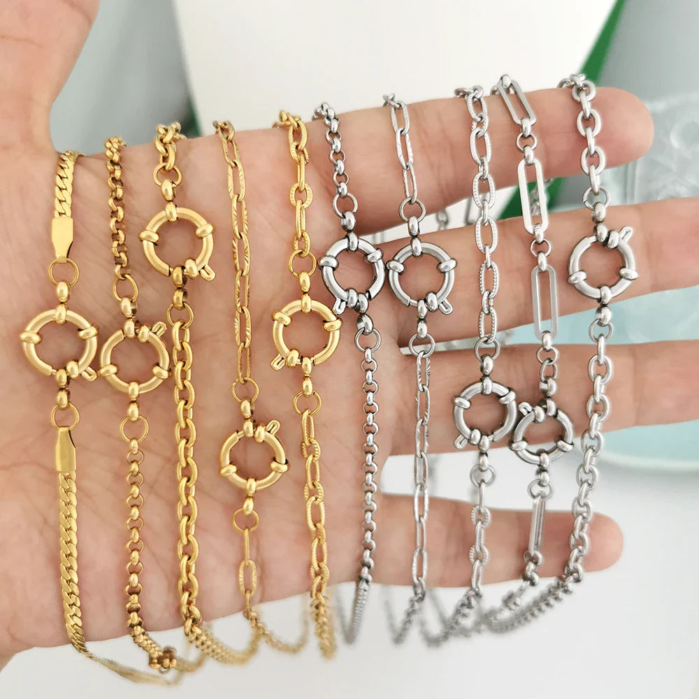 QMHJE Spring Sailor Clasp Necklace Women Men Choker Stainless Steel Geometric Paperclip Link Chain Rolo PVD Gold Color Wholesale
