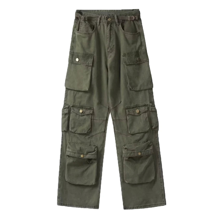 Popular Rice White Multi-pockets Overalls Harajuku stays Men Loose Casual Trousers