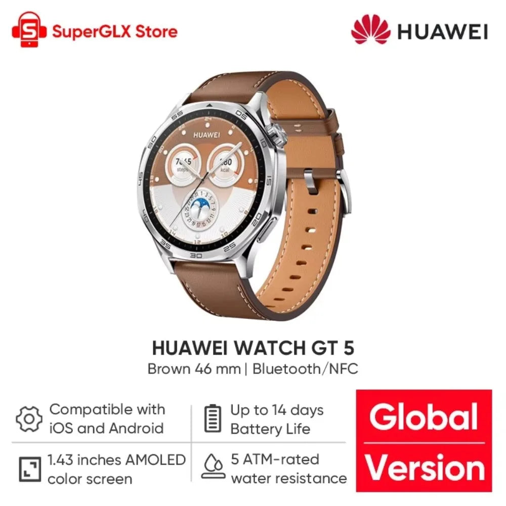Global Version HUAWEI WATCH GT 5 Smartwatch AMOLED Screen 41mm/46mm Buit-in Map Replay Message Compatible with iOS and Android