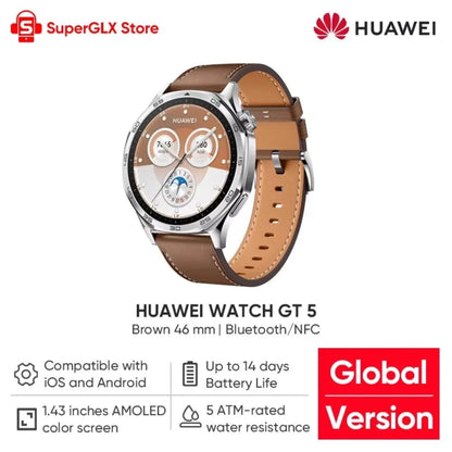 Global Version HUAWEI WATCH GT 5 Smartwatch AMOLED Screen 41mm/46mm Buit-in Map Replay Message Compatible with iOS and Android