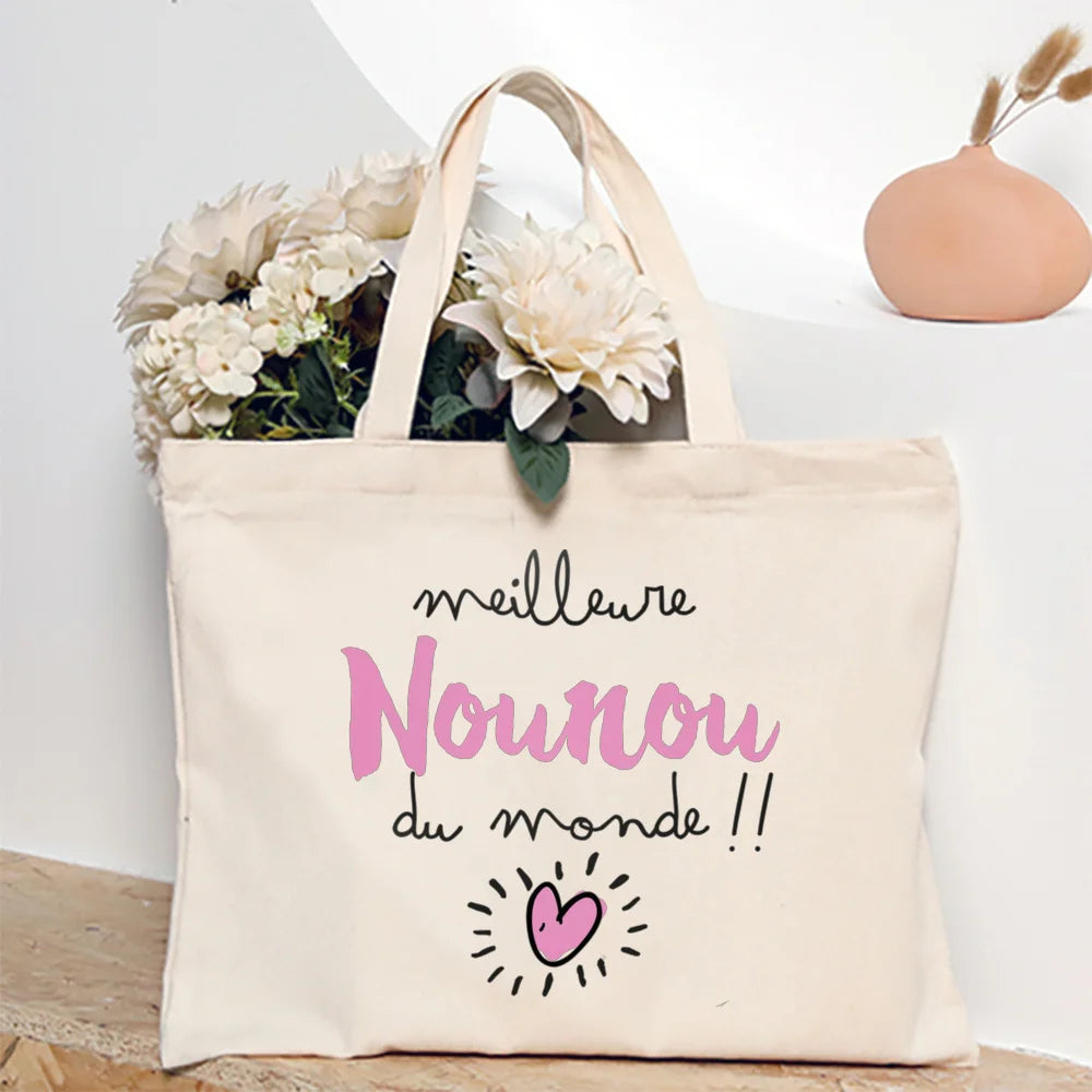 Merci Nounou French Printed Women Shoulder Bag Canvas Tote Bag Female
