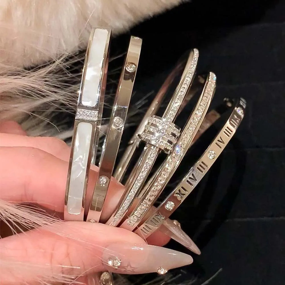 1pc Titanium Steel Silver Bracelet, Fashionable Classic Style, Stainless Steel Bracelet,Inlaid With Zircon,For Womens Daily Wear