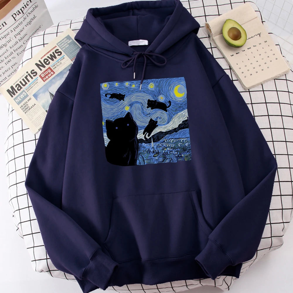 The Starry Cat Night Printing Hoodies Men Autumn Oversize Hoodie Fashion Fleece