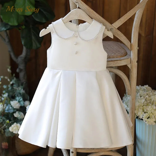 Baby Girl Princess Pearl Collar Silk Dress Sleeveless Infant Toddler Vintage Bow Vestido