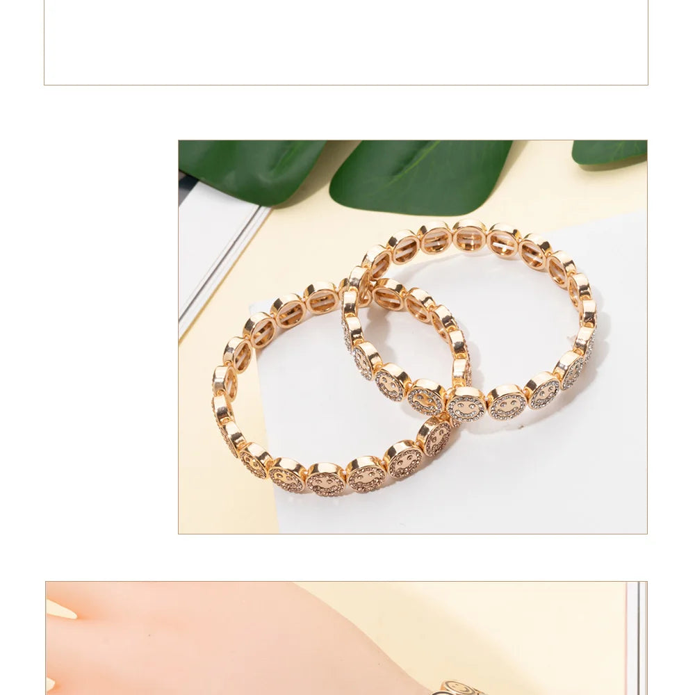 2024 New Happy Bangle Paved Diamond Enamel Beaded Bracelets For Women Boho Gold Color Elastic Bracelets