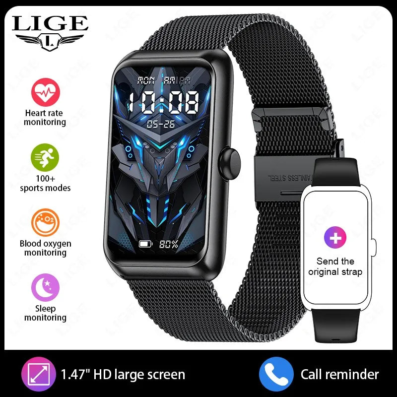 LIGE New Sport Fitness Tracker Smart Bracelet Heart Rate Blood Oxygen Monitor Call Reminder 1.47" Smartwatch Band For Men Women