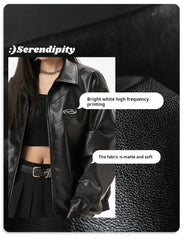 Metal Printed Black PU Leather Jacket for Men and Women, Trendy Brand