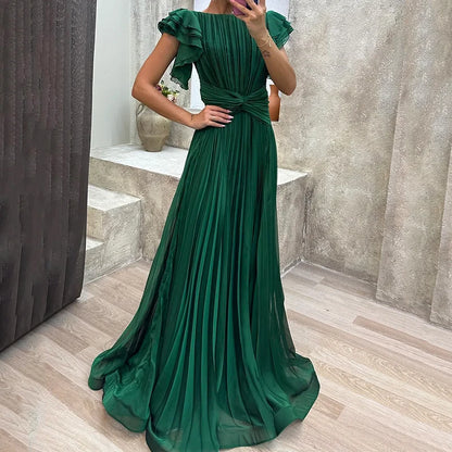 Women Maxi Dress Elegant Lady O Neck Short Ruffled Sleeve A Line Dress Female Simple Solid Nipped Waist Pleated Slim Party Dress