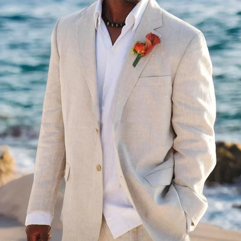 Beach Wedding Outfit Men: Linen Wedding Tuxedo for Groom Beige American Style