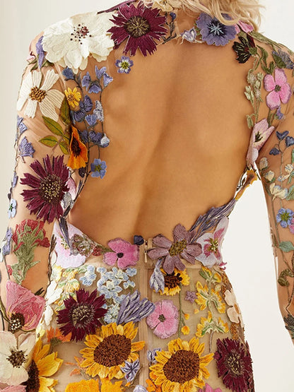 Floral Elegant Luxury Mini Dress Women  Embroidery Half High Collar Long Sleeve Party Dresses 2023 Spring Evening Lady Vestidos