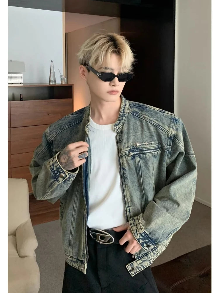 Men's Denim Jackets American-style High Street Zippers Coat Vintage Washed