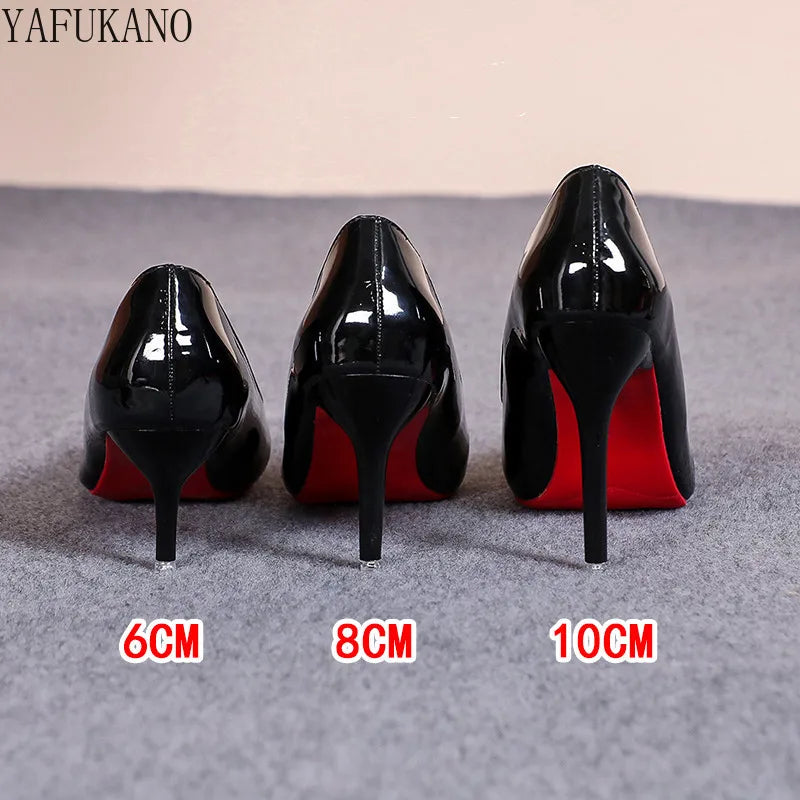 Sexy Red Sole Thin Heel High Heels Classic Style Black Office Work Shoes Patent Leather Matte Leather Lady Pumps Plus Size 42 43