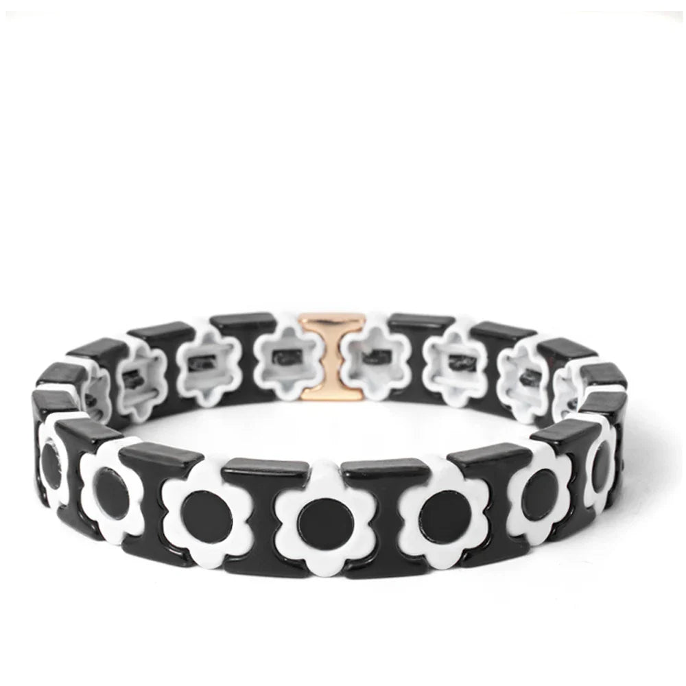 New Design Colorful Flower Charms Bangle For Women Handmade Bohemian Elastic Flower Bracelets Metal Beads Jewelry