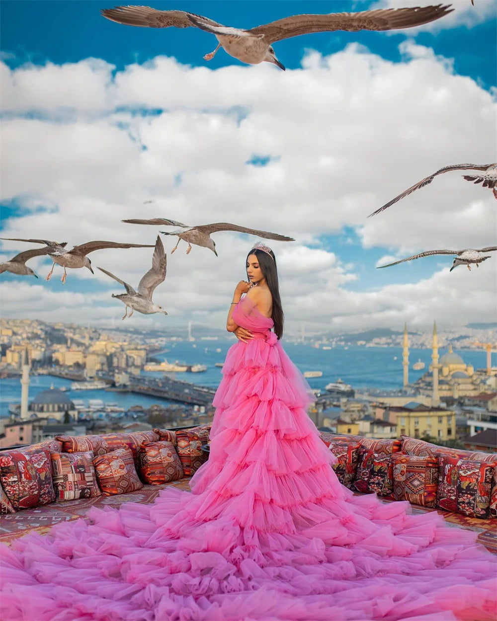 Homecoming Dresses: Prom Dress Pink Multilayer Luxurious Sweep Train Evening Dress