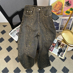 Retro Spring Trendy Leopard Print Jeans Women's American High Street Trousers