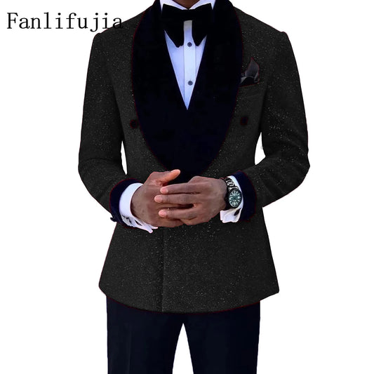 Fanlifujia Luxury Red Glitter Suits Wedding Tuxedo Double Breasted Blazer Formal Evening Party Prom Dress