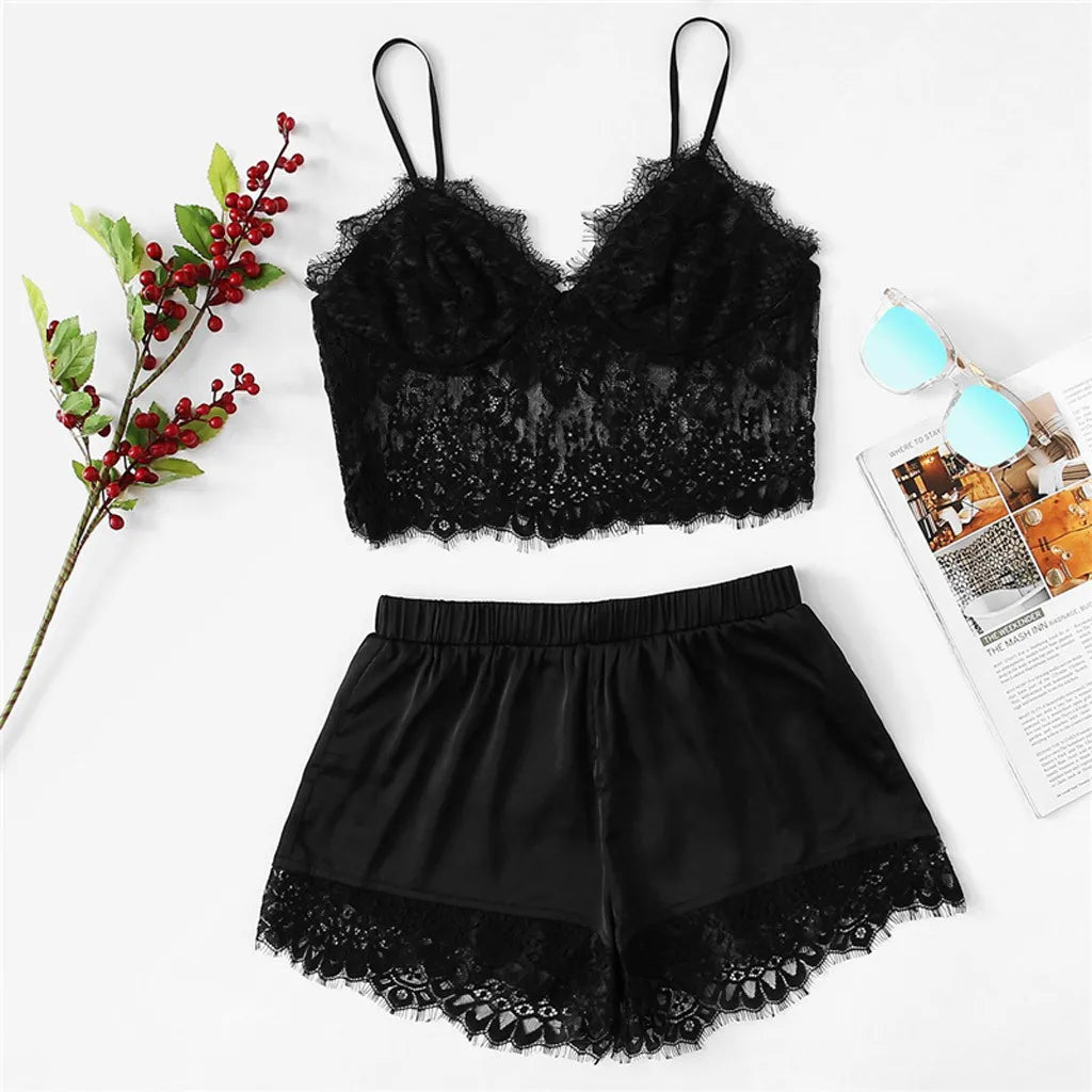 Lace Lingeries Set 2 Piece Set Exotic Deep V Suspenders