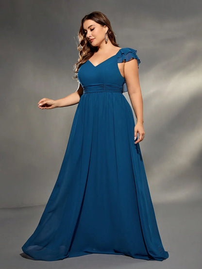 Mgiacy plus size  V-neck double layer lotus sleeve chiffon full skirt Evening gown Ball dress Party dress Bridesmaid dress