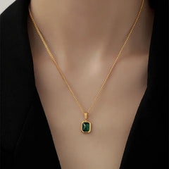 Retro Square Green Zircon Pendant Necklace For Women Titanium Steel Necklace Girls