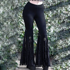 Flare Pants Black Lace Patchwork High Waist Vintage Pants