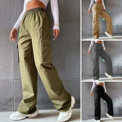 Women Cargo Pants Side Flap Pocket Trousers Solid Color Elastic Waist Wide Leg Female