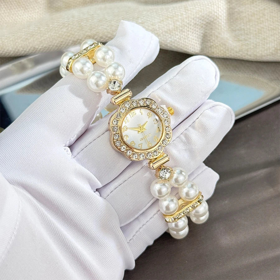 New Elegant Pearl Diamond-Encrusted Elastic Band Watch Vintage Luxury Bracelet Style Convenient for Ladies Quartz Wristwatch