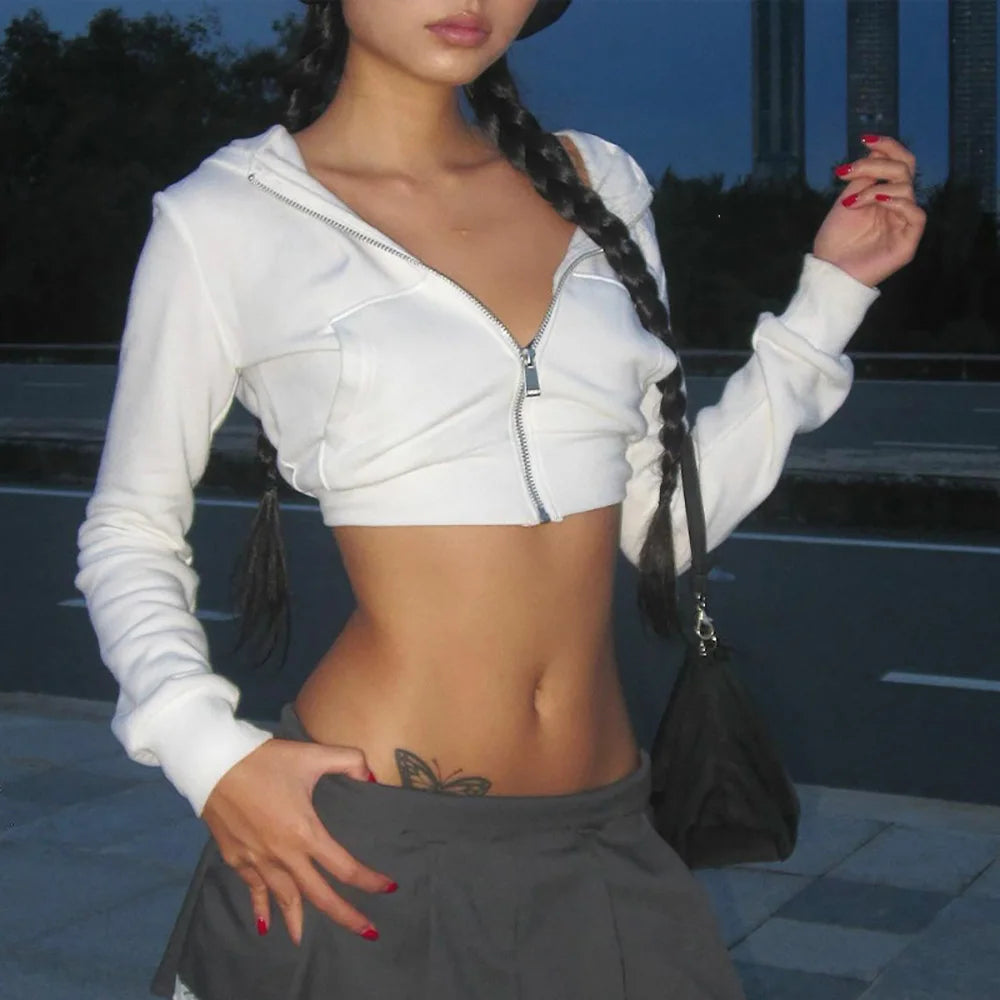 Y2K Aesthetic Vintage Basic Zip Up White Cropped Hoodies 2000s