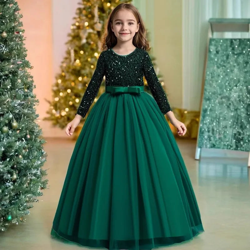 318 Girl's Birthday Evening Dress Long Sleeve Sparkling Pong Skirt Flower Girl Wedding Dress Piano Performance Dress