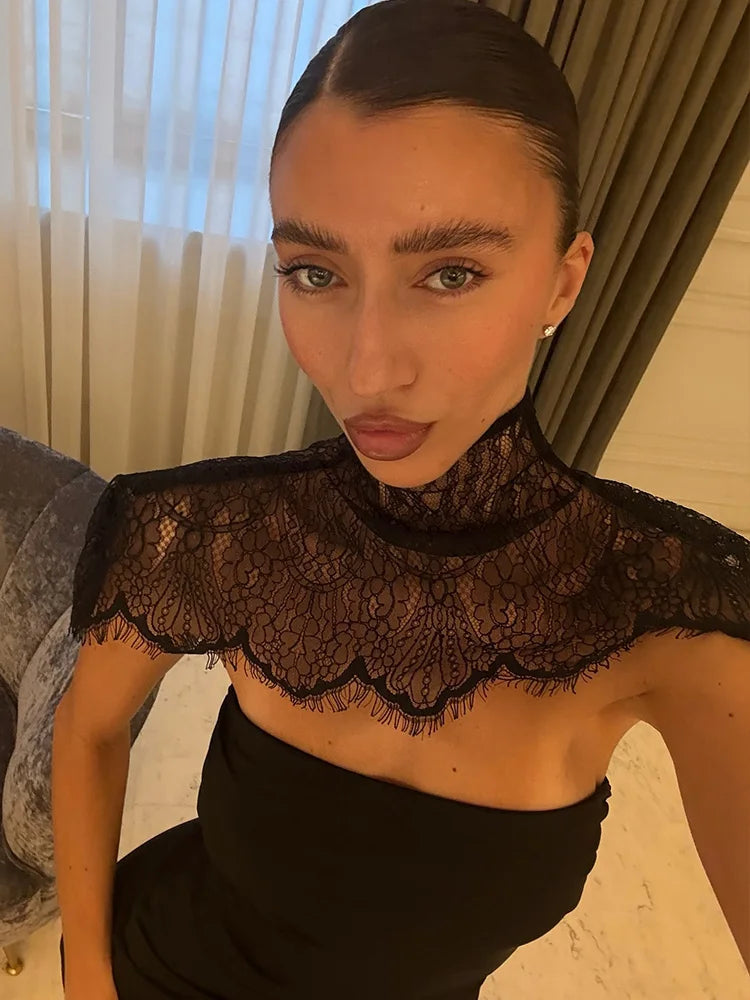 CNYISHE Strapless Solid Lace Patchwork Women Dresses Sheath Sexy Club Hip Wrap Bodycon Vestidos Female Outfits Party Chic