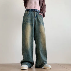 Distressed Vintage Blue Jeans Pants Men Wide-leg Denim Trousers Male Oversize