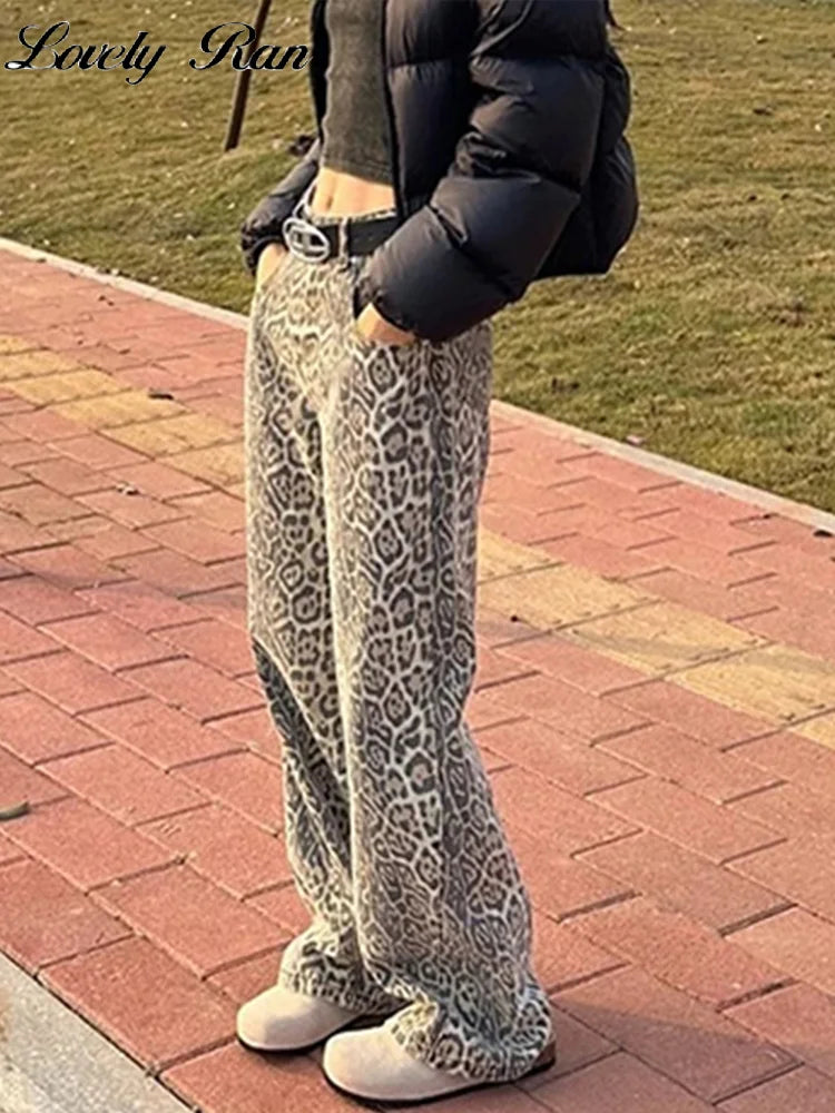 Leopard Print Jeans Trousers Women Y2K Spring Fashion High Waist Female Pants