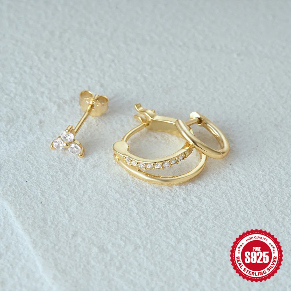 CANNER 925 Sterling Silver 3PCS Zircon Double Layer Hoop Earrings For Women Minimalism Ins Earrings Fine Jewelry Party Gift