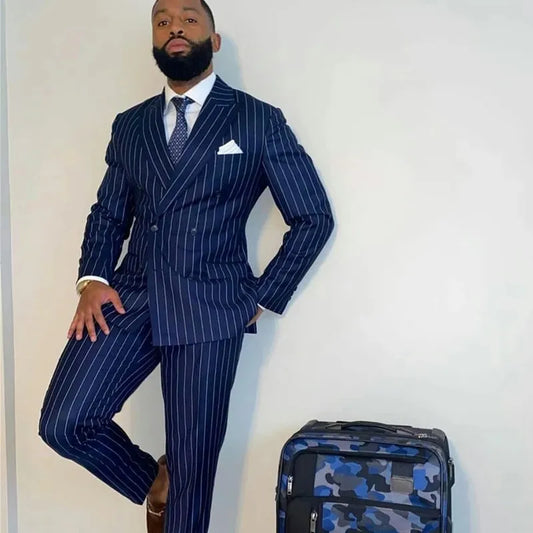 Tuxedo for Mens: Navy Blue Pinstripe Men Suits 2 Pieces Groom Business Tailored Slim Fit