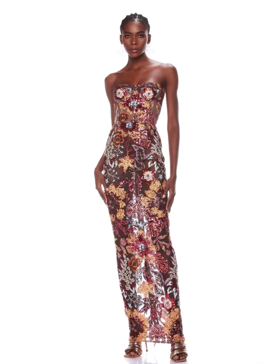 Strapless Floral Sequin Long Dress Women Luxury Sequins Flower Backless Slim Dress