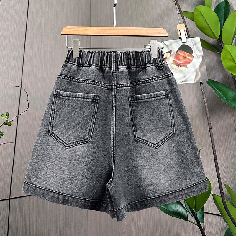 L-6XL Plus Size Denim Shorts For Women Summer 2025 High Waist Black Loose Wide Leg Short Jeans Women Star Large Size Short Jeans