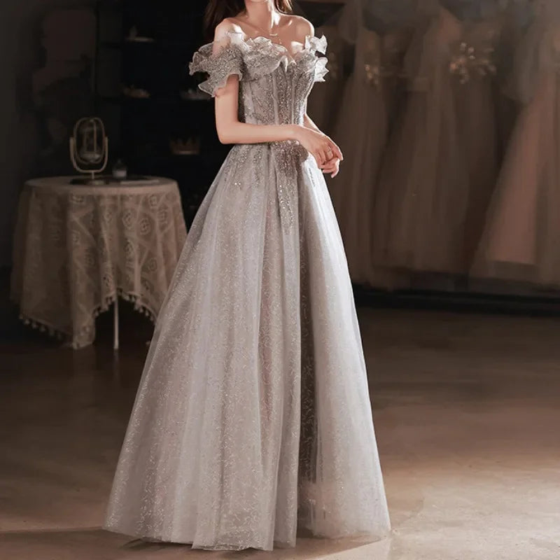 Homecoming Dresses: Gray Evening Dress Off Shoulder Shiny Sequin Lace A-line